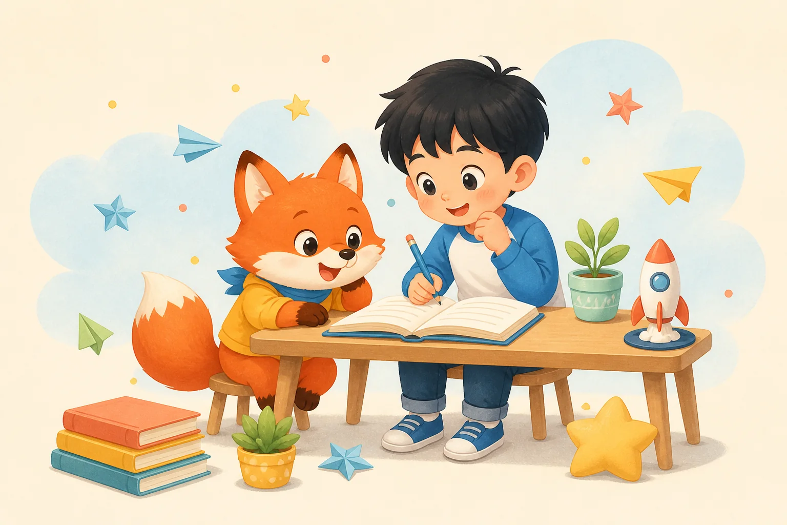 小学生和狐狸学习伙伴一起看书写字